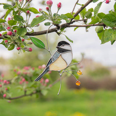 Looking left stained glass chickadee on the branch with leaf and berries suncatcher