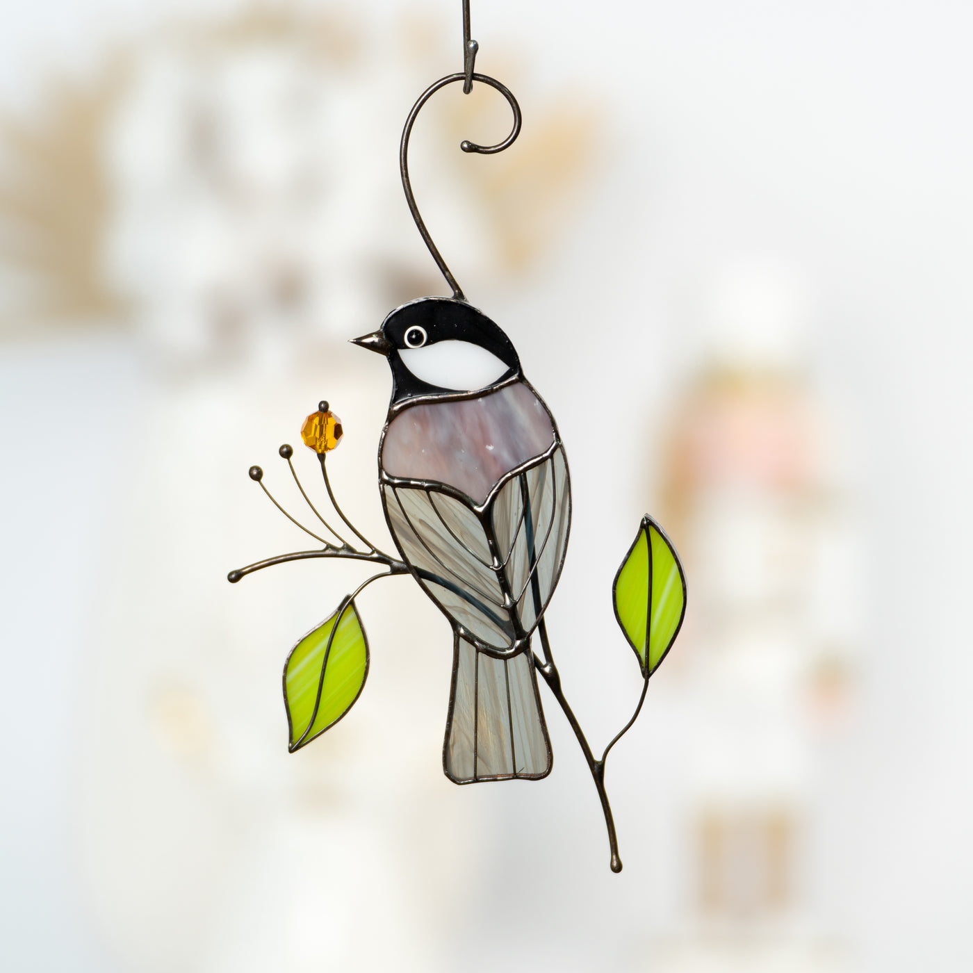 Stained glass chickadee back-view suncatcher