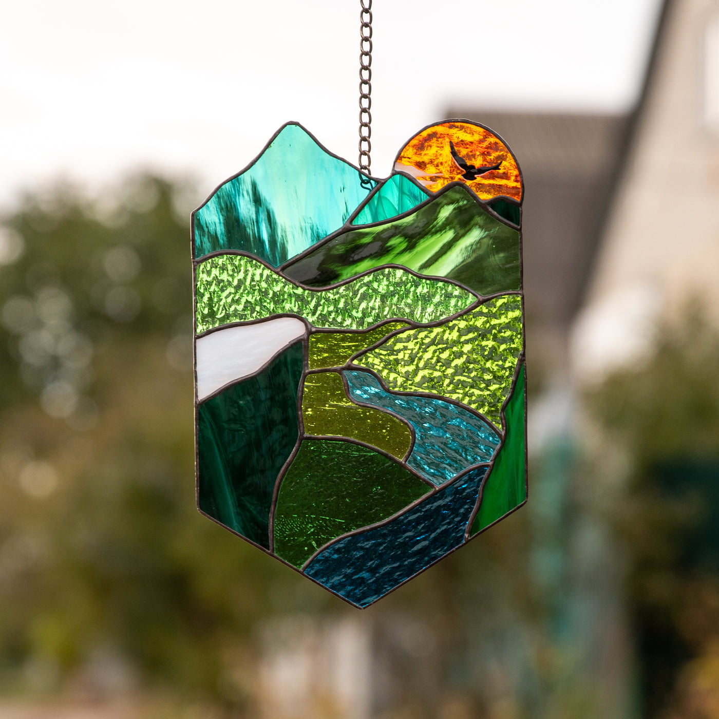 Landscape panel of stained glass for window decor