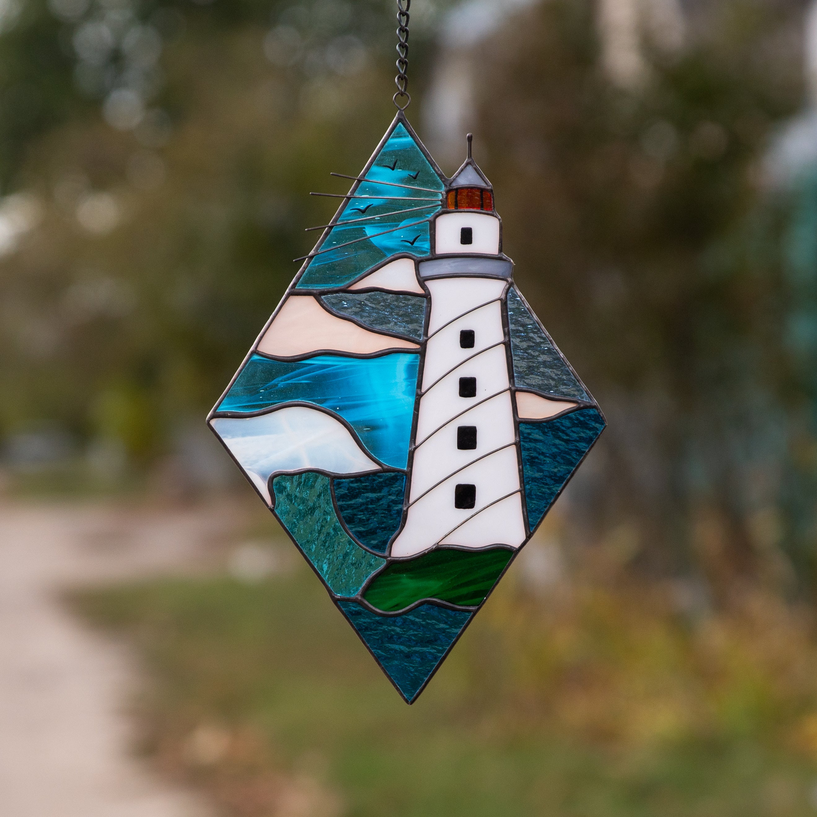 Lighthouse rhombus panel of stained glass