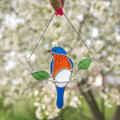 Bluebird on the chain with leaves window hanging of stained glass