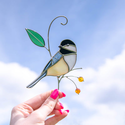 Stained glass chickadee with leaf and berries suncatcher