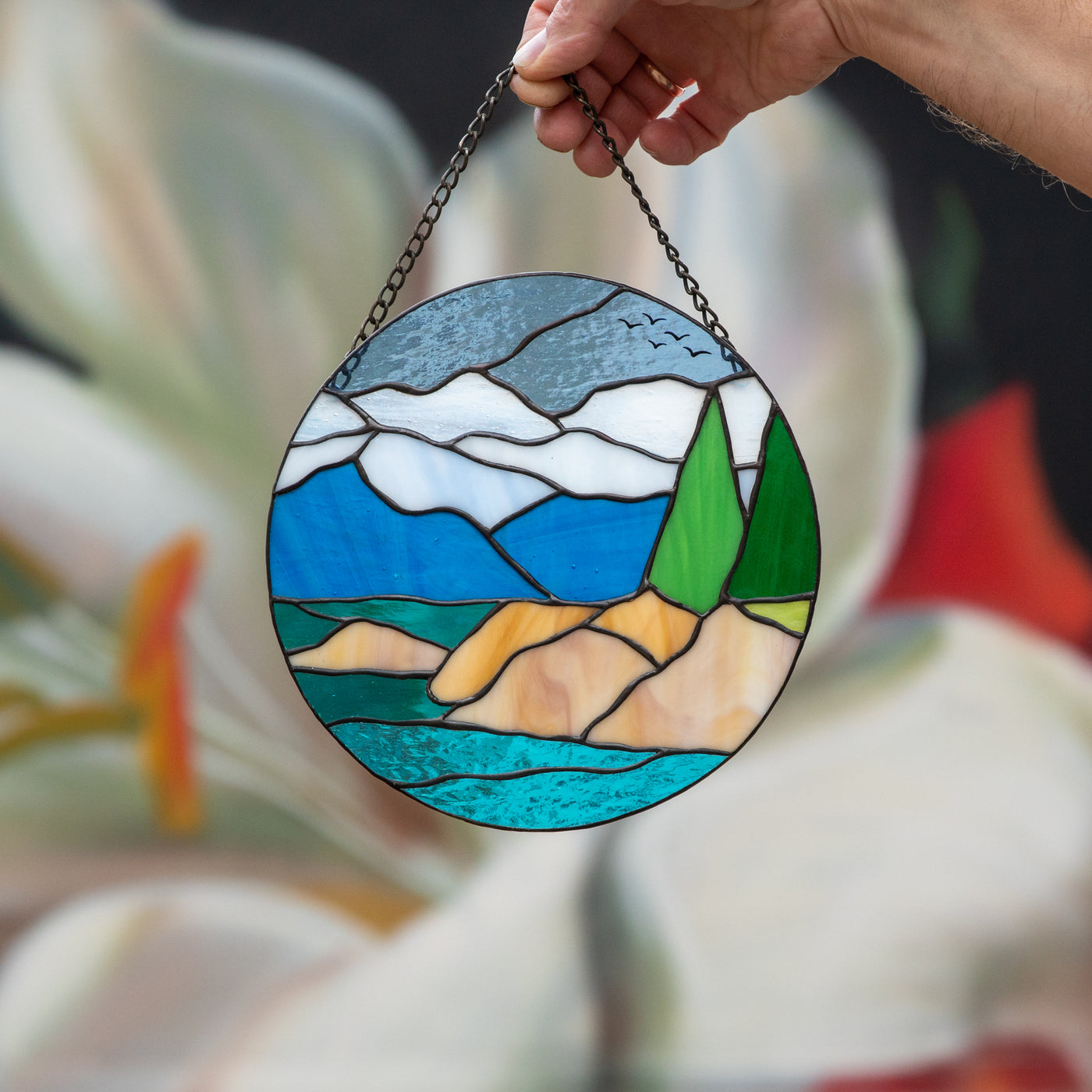 Stained glass panel depicting Lake Tahoe  for window