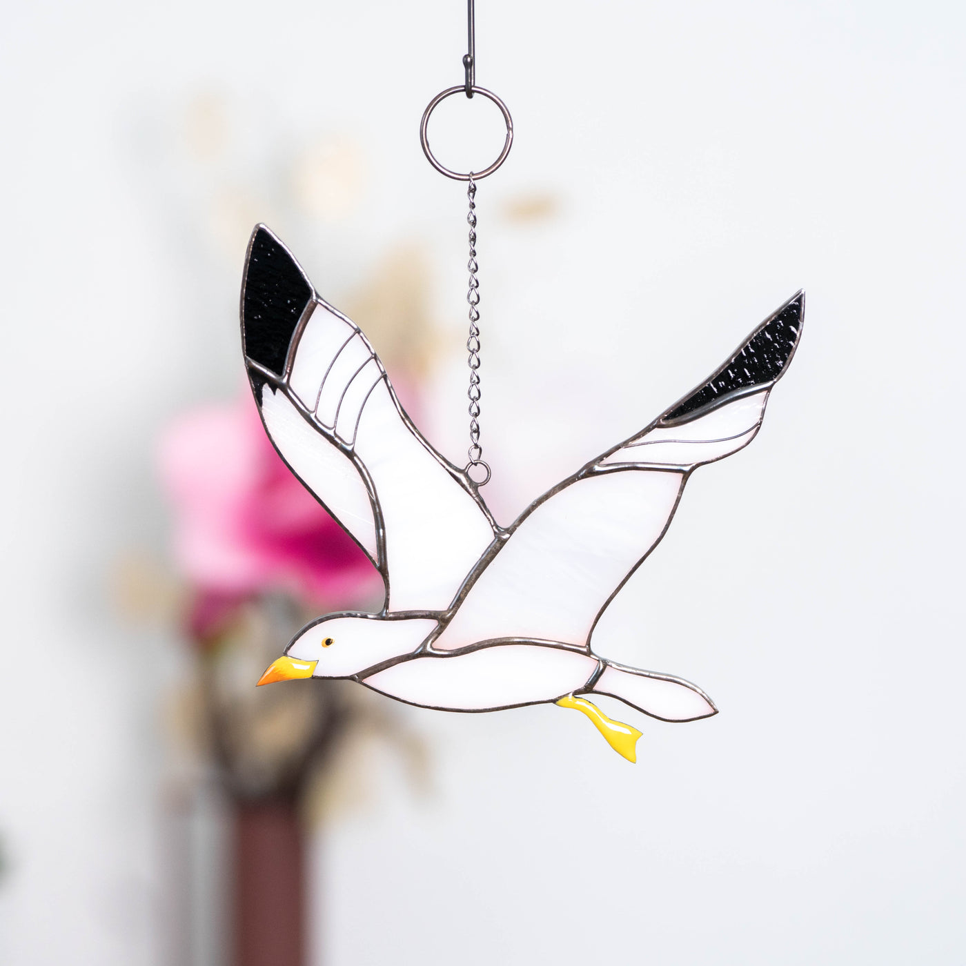 White seagull suncatcher of stained glass for home decor