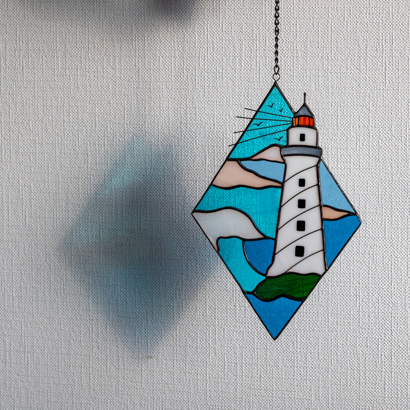 Stained glass lighthouse window hanging for home decor