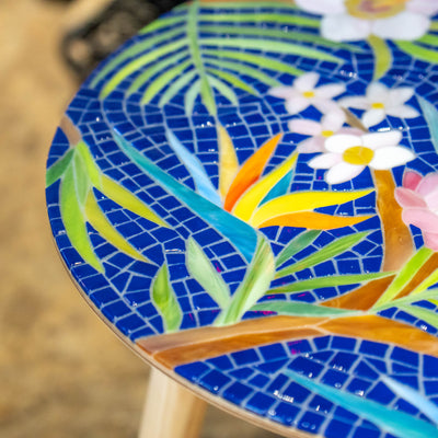 Zoomed stained glass tropical pattern mosaic table