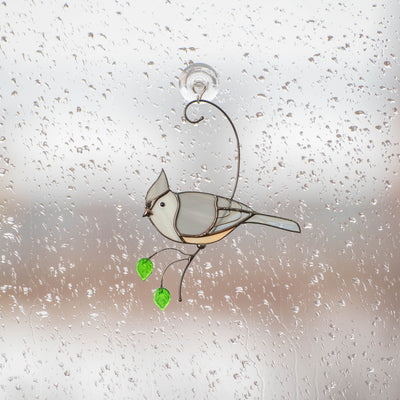 Stained glass tufted titmouse window hanging 