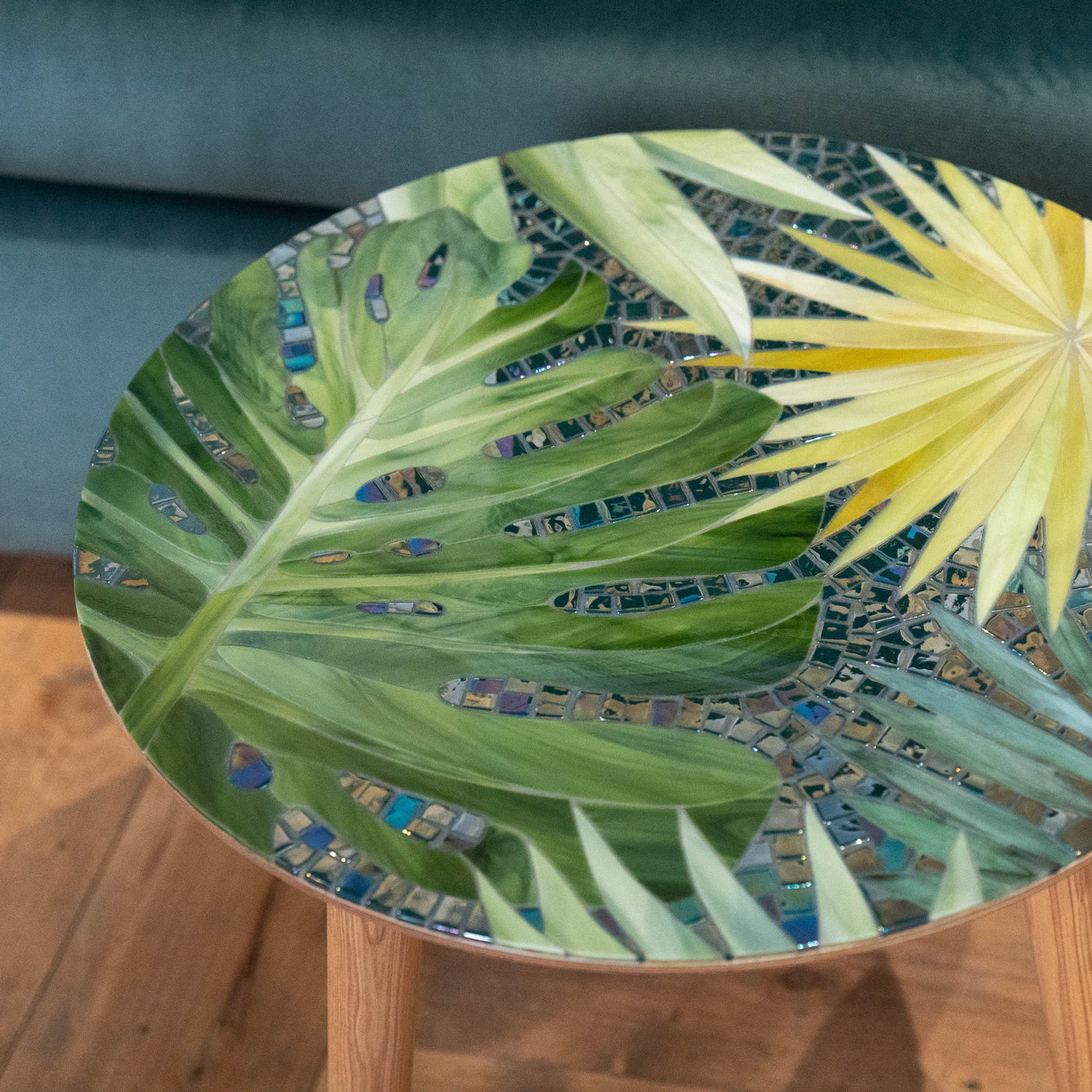 Zoomed stained glass monstera mosaic table