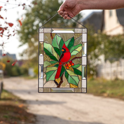 Stained glass cardinal with berries panel for home decor