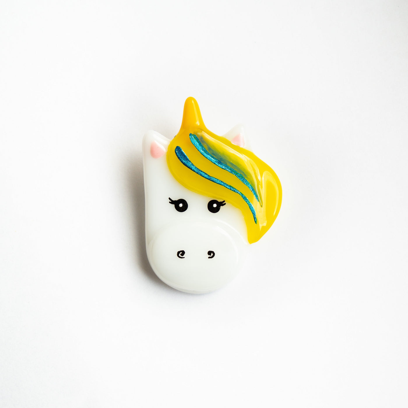 Fused stained glass white unicorn with yellow mane brooch