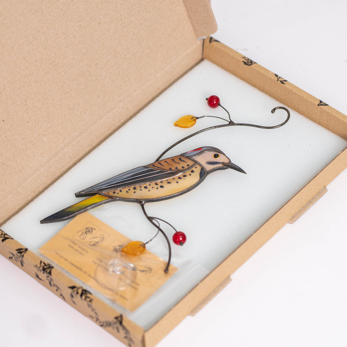 Stained glass northern flicker suncatcher in a brand box
