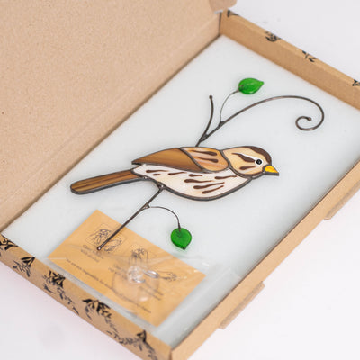 Stained glass sparrow suncatcher in a brand box