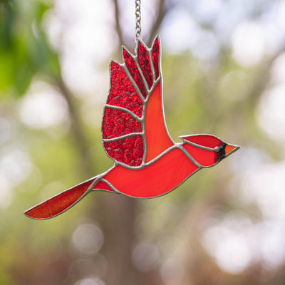 Flying cardinal stained glass window hanging 