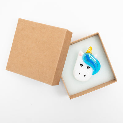 Stained glass white unicorn with blue mane pin in a brand box