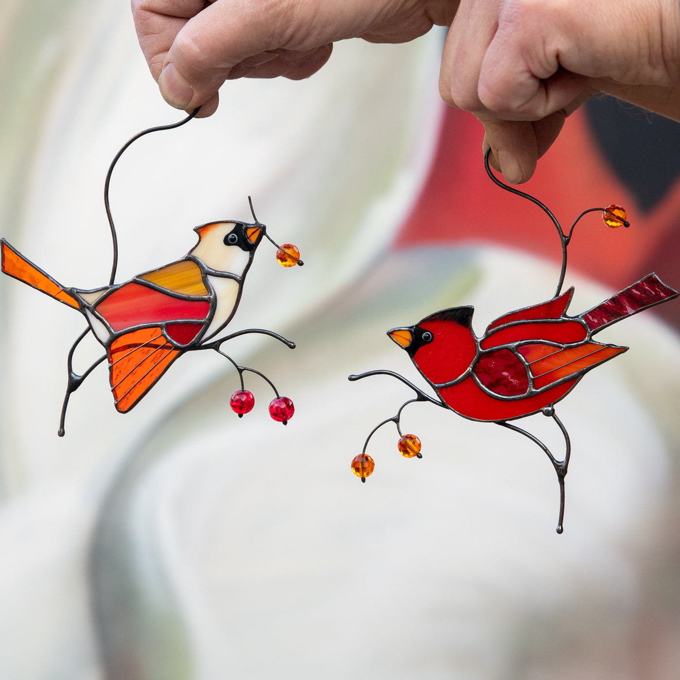 Female and male cardinals suncatchers of stained glass for window decor