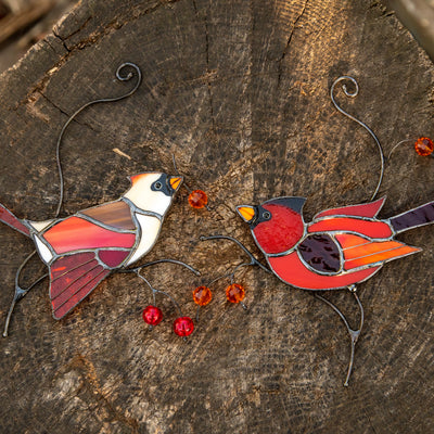 Zoomed stained glass male and female cardinals suncatchers