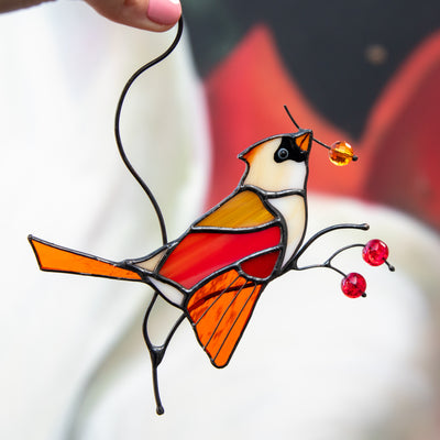 Female stained glass cardinal sitting on the branch with berries suncatcher for window