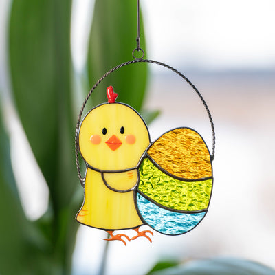 Easter chick with colourful egg suncatcher of stained glass