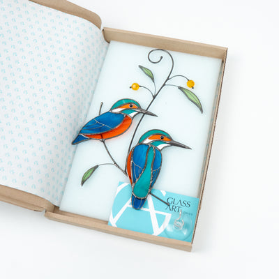 Stained glass kingfishers suncatcher in a brand box
