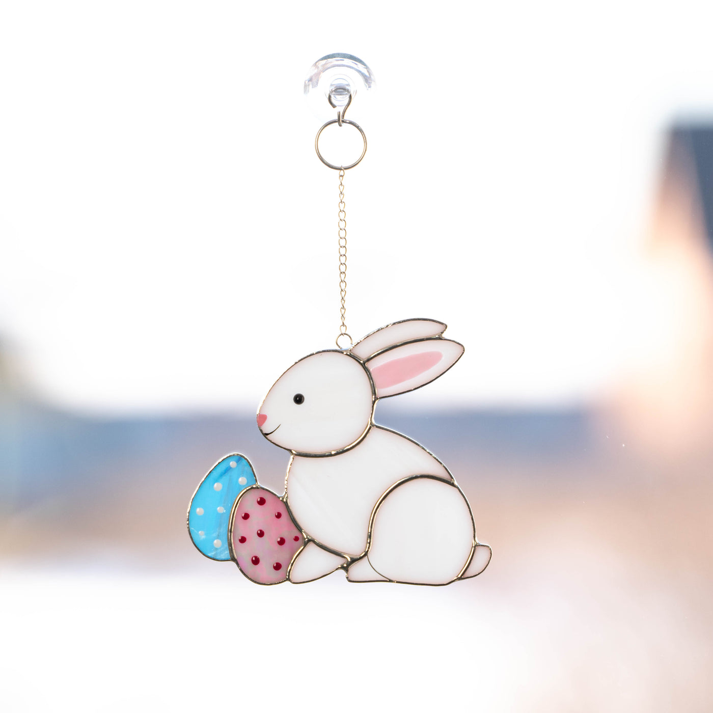 Stained glass Easter bunny with pink and blue eggs window hanging