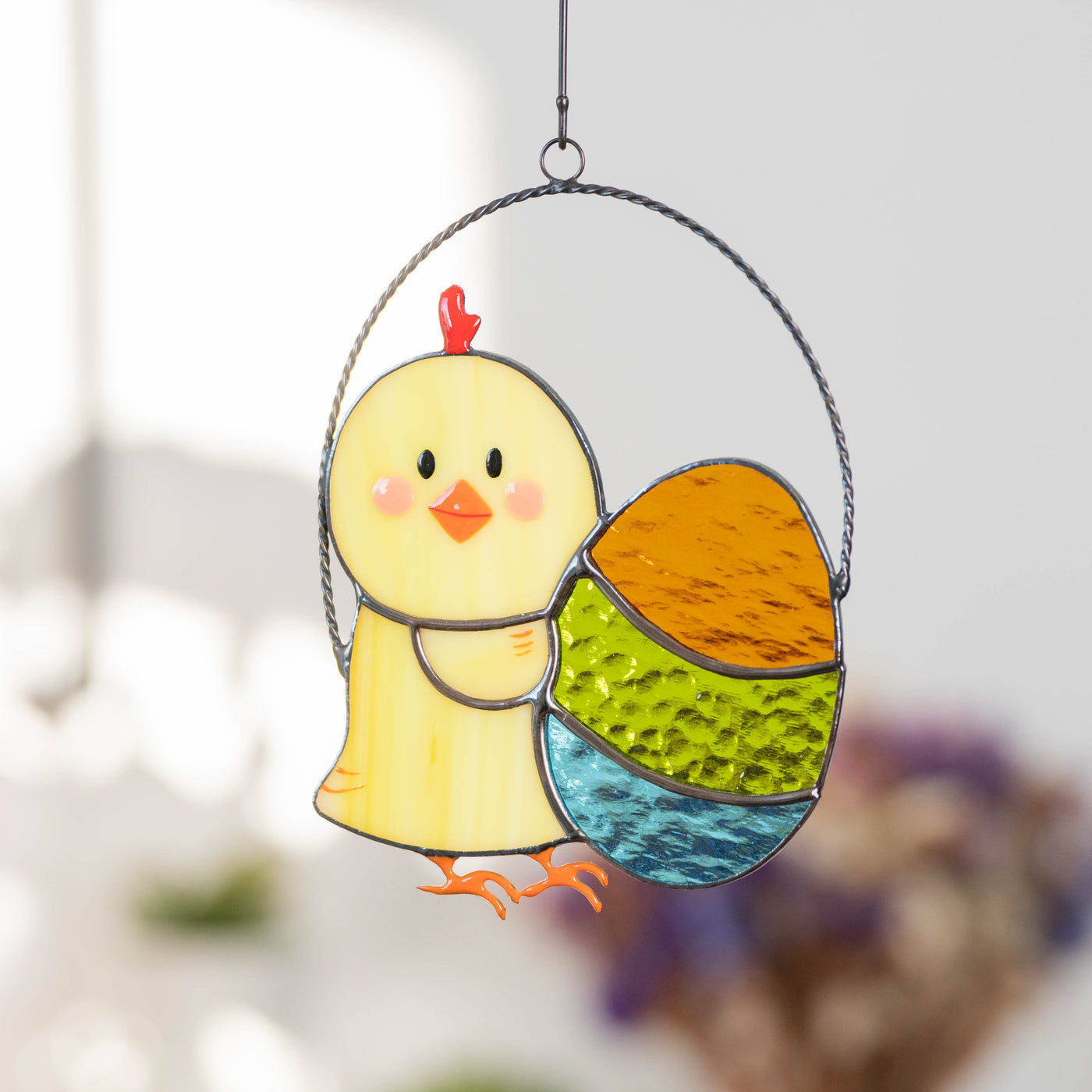 Easter chick with colourful egg window hanging of stained glass