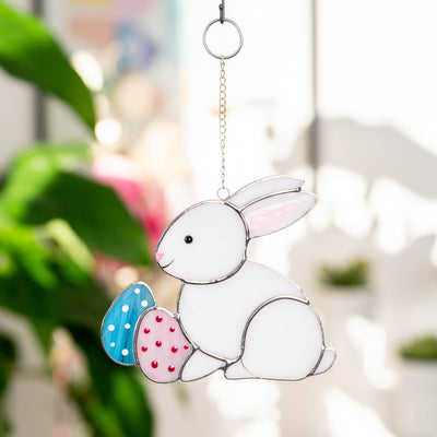 Easter bunny with pink and blue eggs window hanging of stained glass