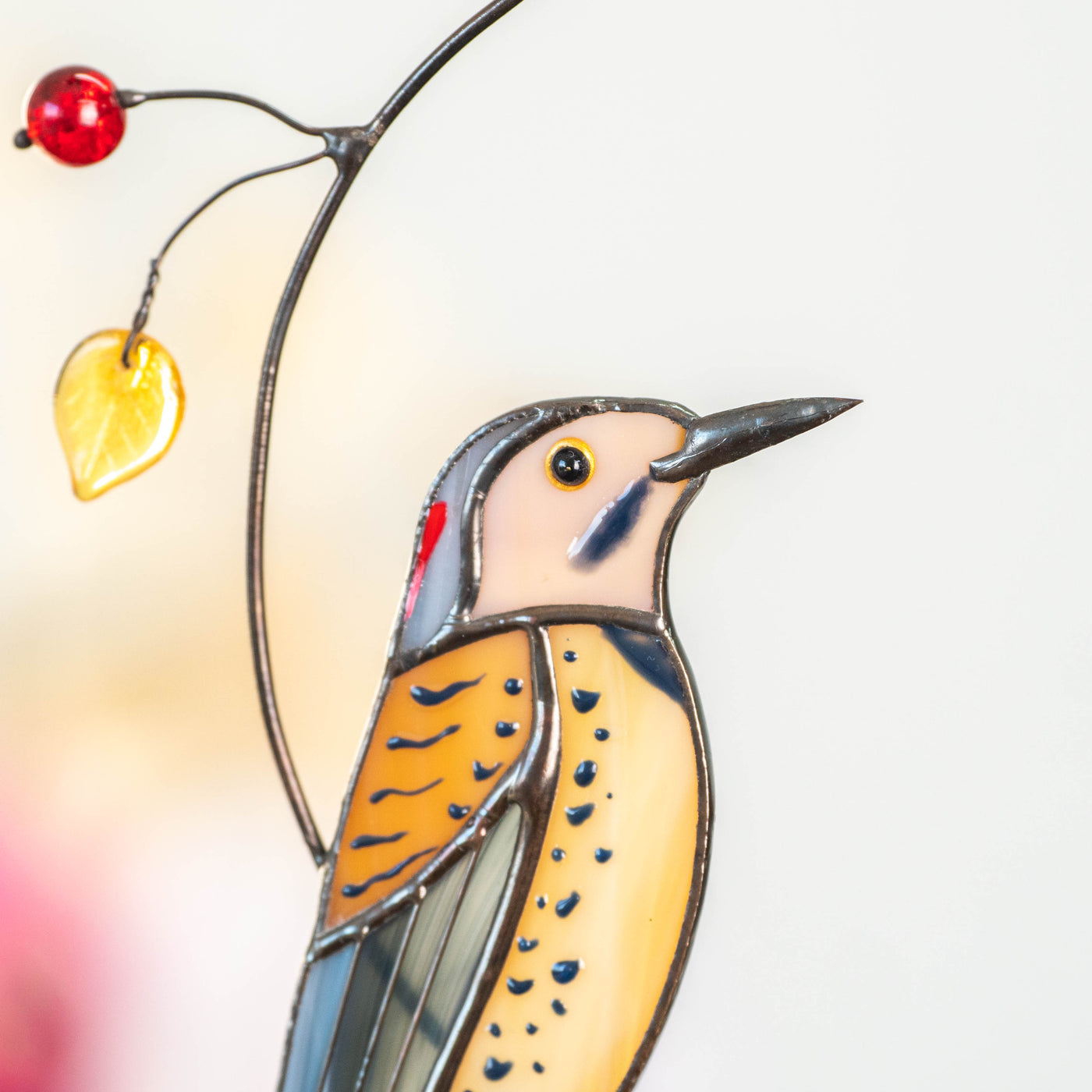 Zoomed stained glass norther flicker bird