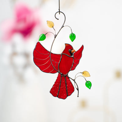 Flying red cardinal bird suncatcher of stained glass