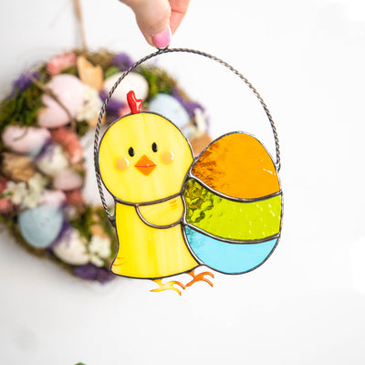 Bright Easter chick with colourful egg suncatcher of stained glass