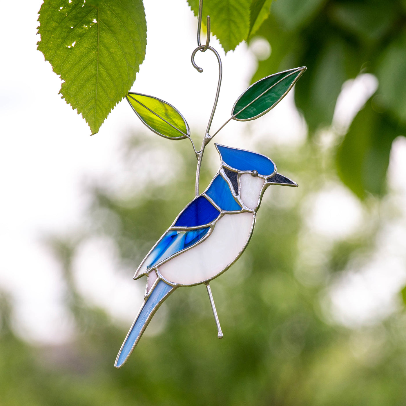 Blue jay bird suncatcher of stained glass