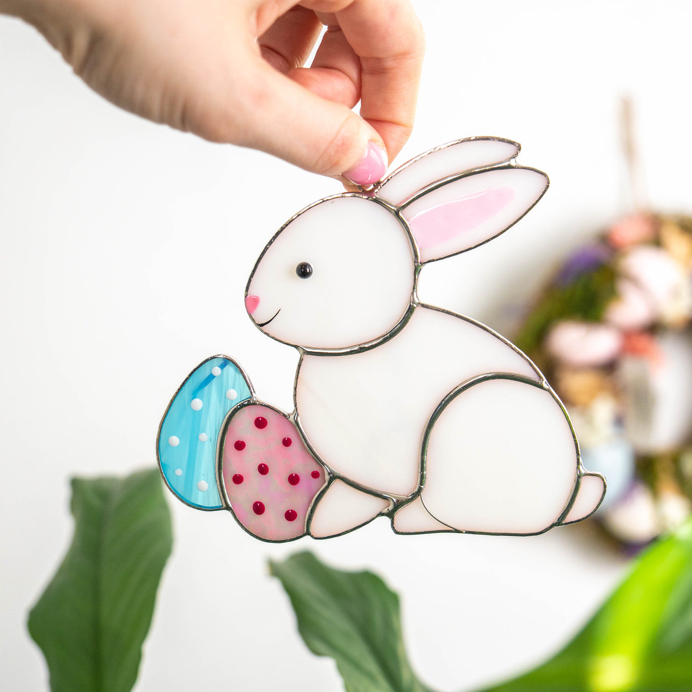 Easter bunny with two eggs suncatcher of stained glass