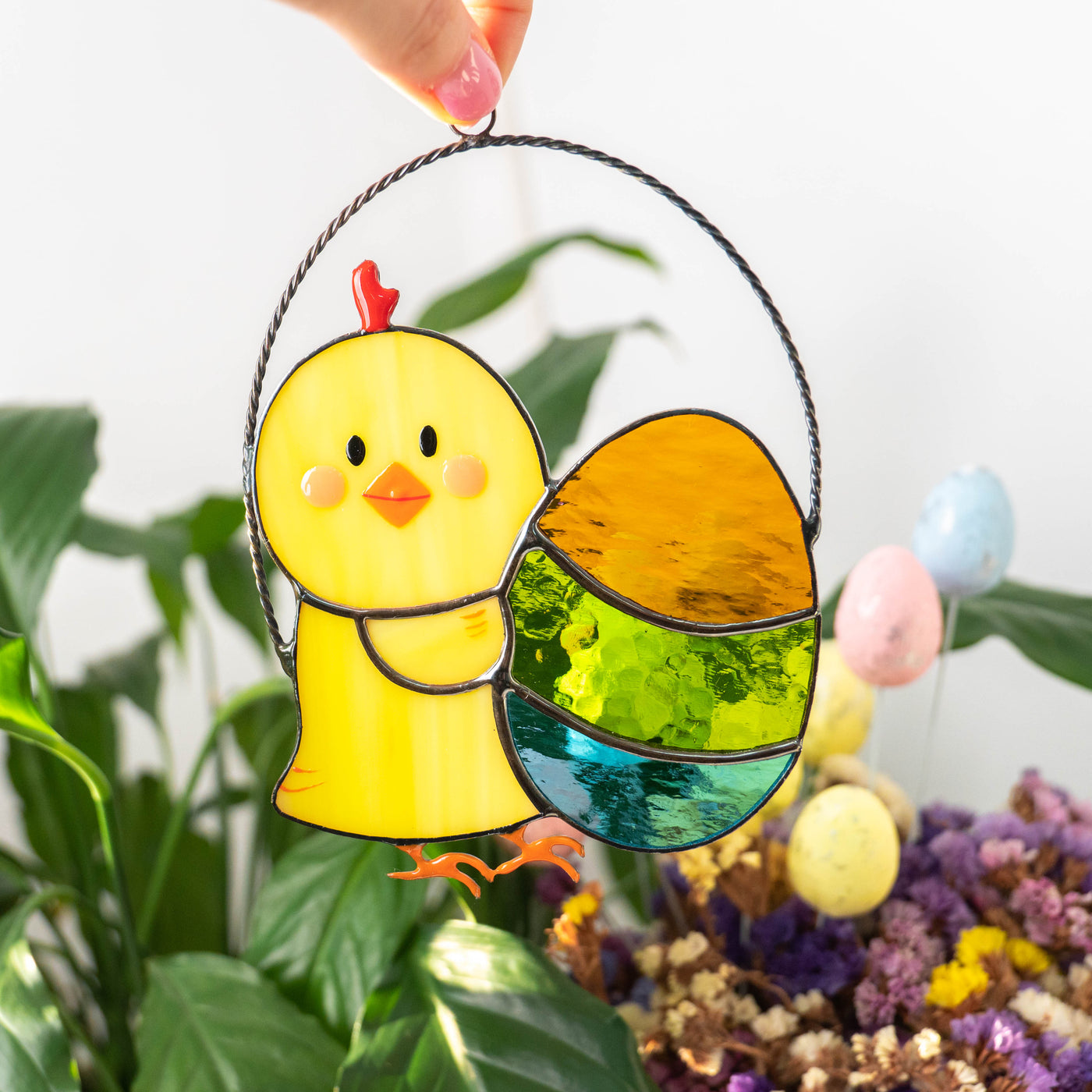 Stained glass Easter chick with colourful egg window hanging
