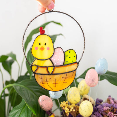 Chick with eggs in a basket stained glass suncatcher for Easter celebrations