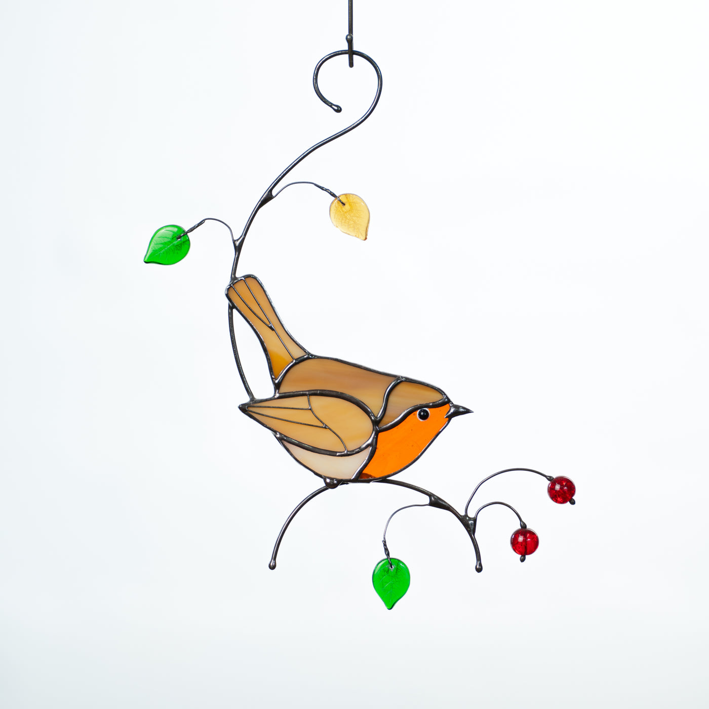 Robin bird on the branch with leaves and berries suncatcher of stained glass