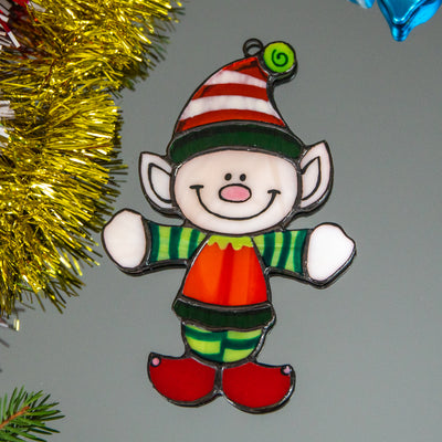 Santa's Elf window hanging of stained glass