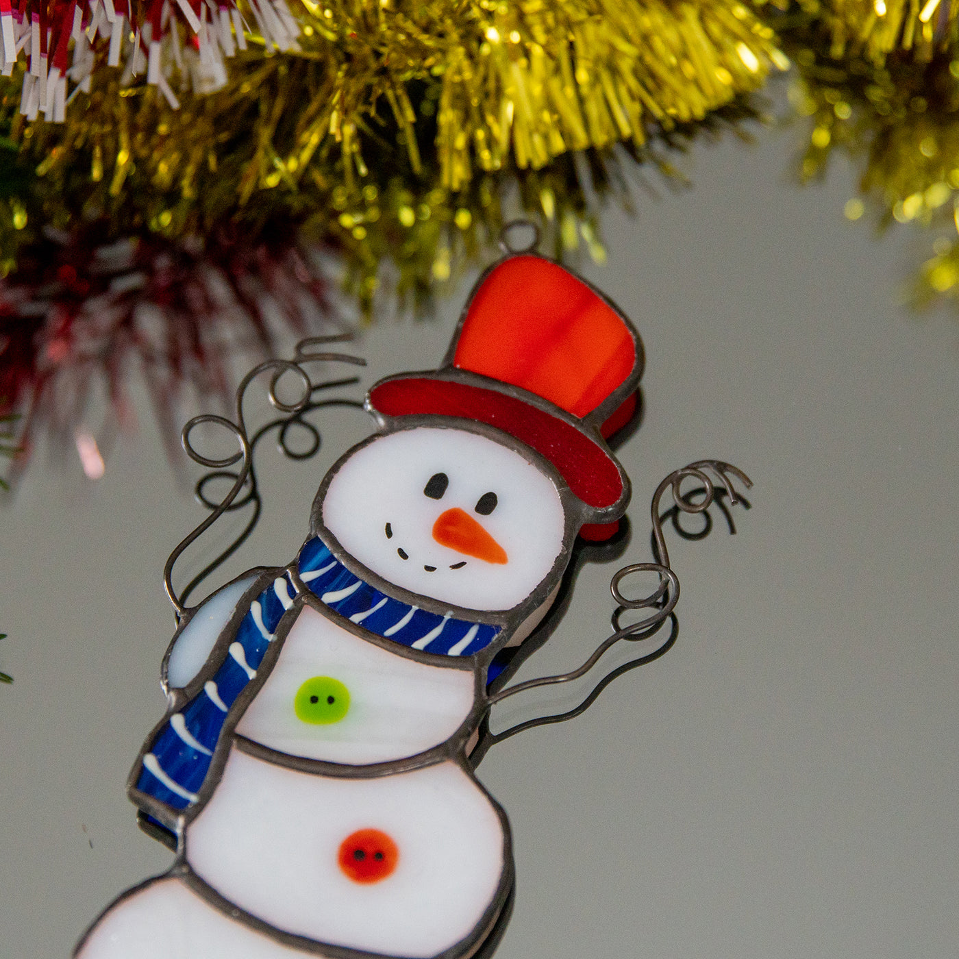 Zoomed stained glass Snowman window hanging