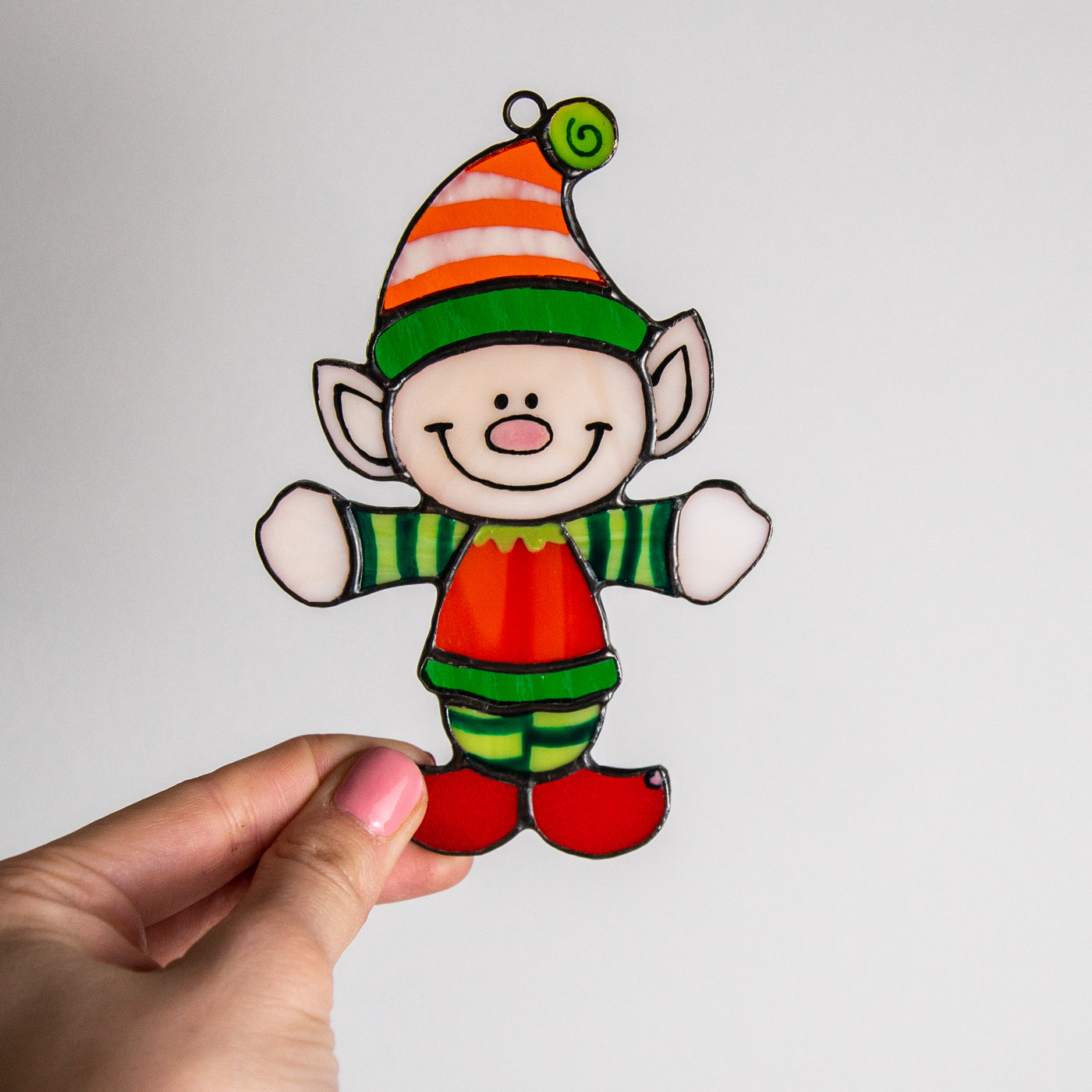 Funny stained glass Santa's Elf window hanging for Christmas holidays