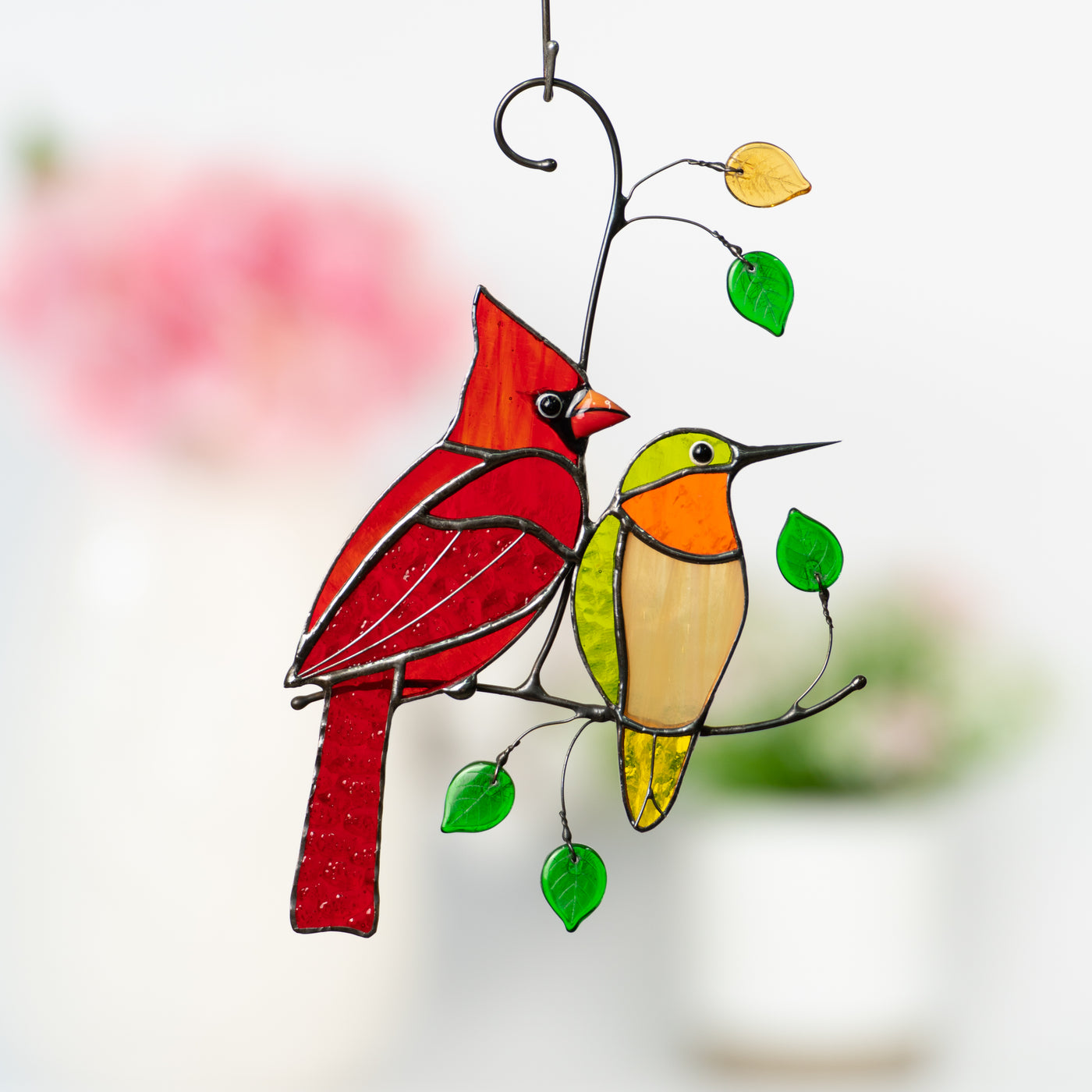 Stained glass red cardinal and green hummingbird window hanging 