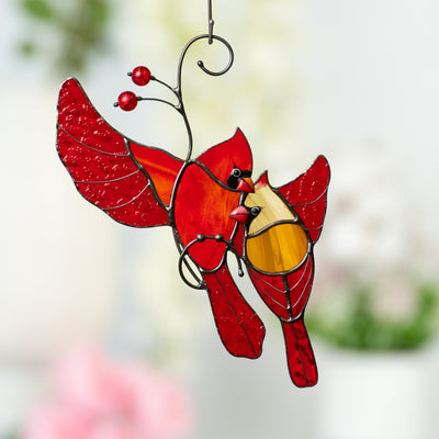 Huggins red cardinals suncatcher of stained glass