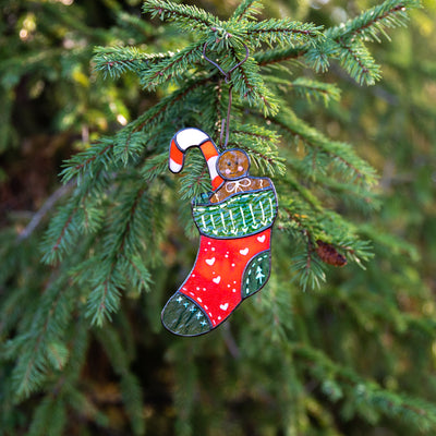 Stained glass Christmas stocking window hanging as a New Year Tree decoration