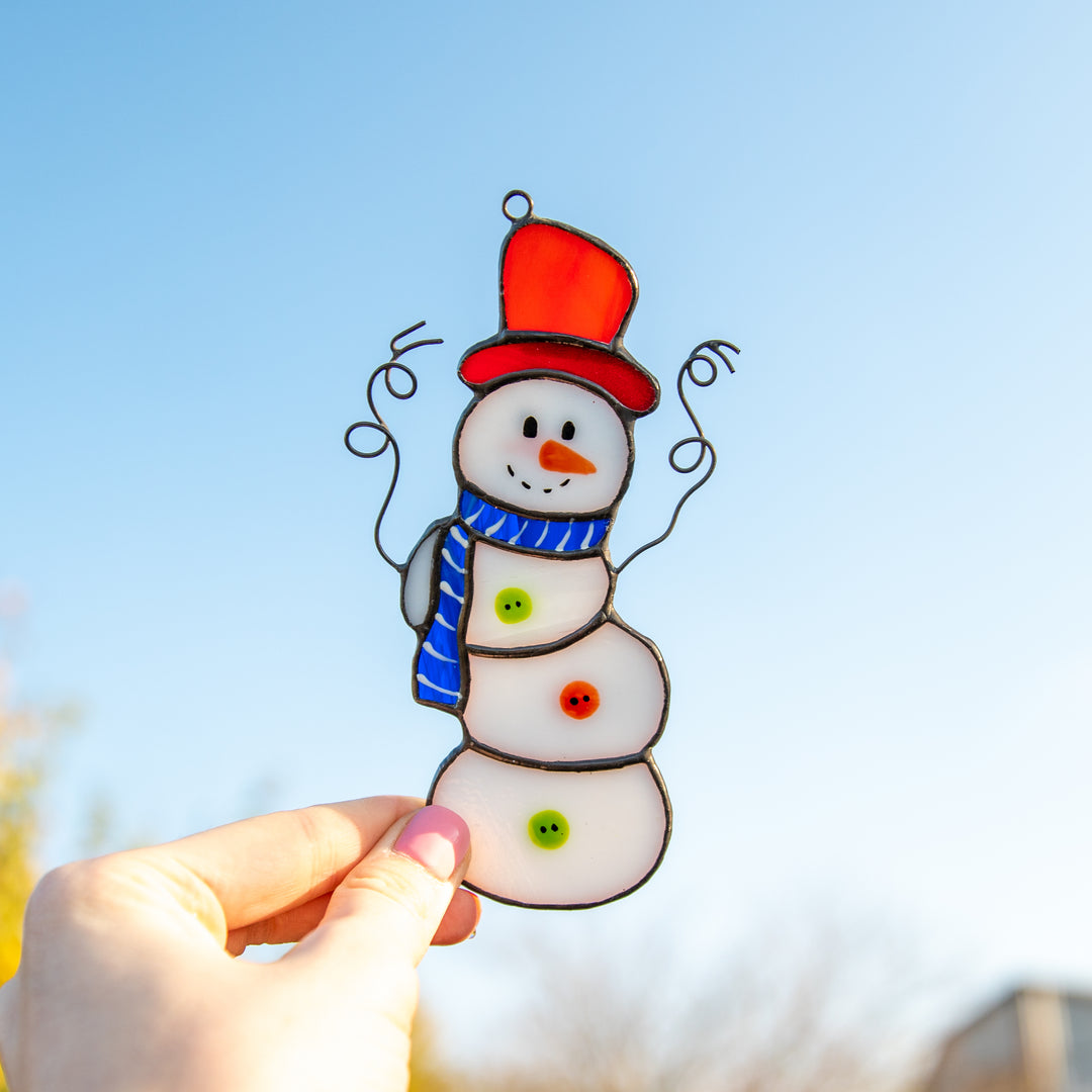 Snowman Christmas Ornament, Stained outlet Glass Winter Decor Suncatcher, Gift for Mom, Stocking Stuffer, Hand Painted, Unisex Gift, Snowball Fun