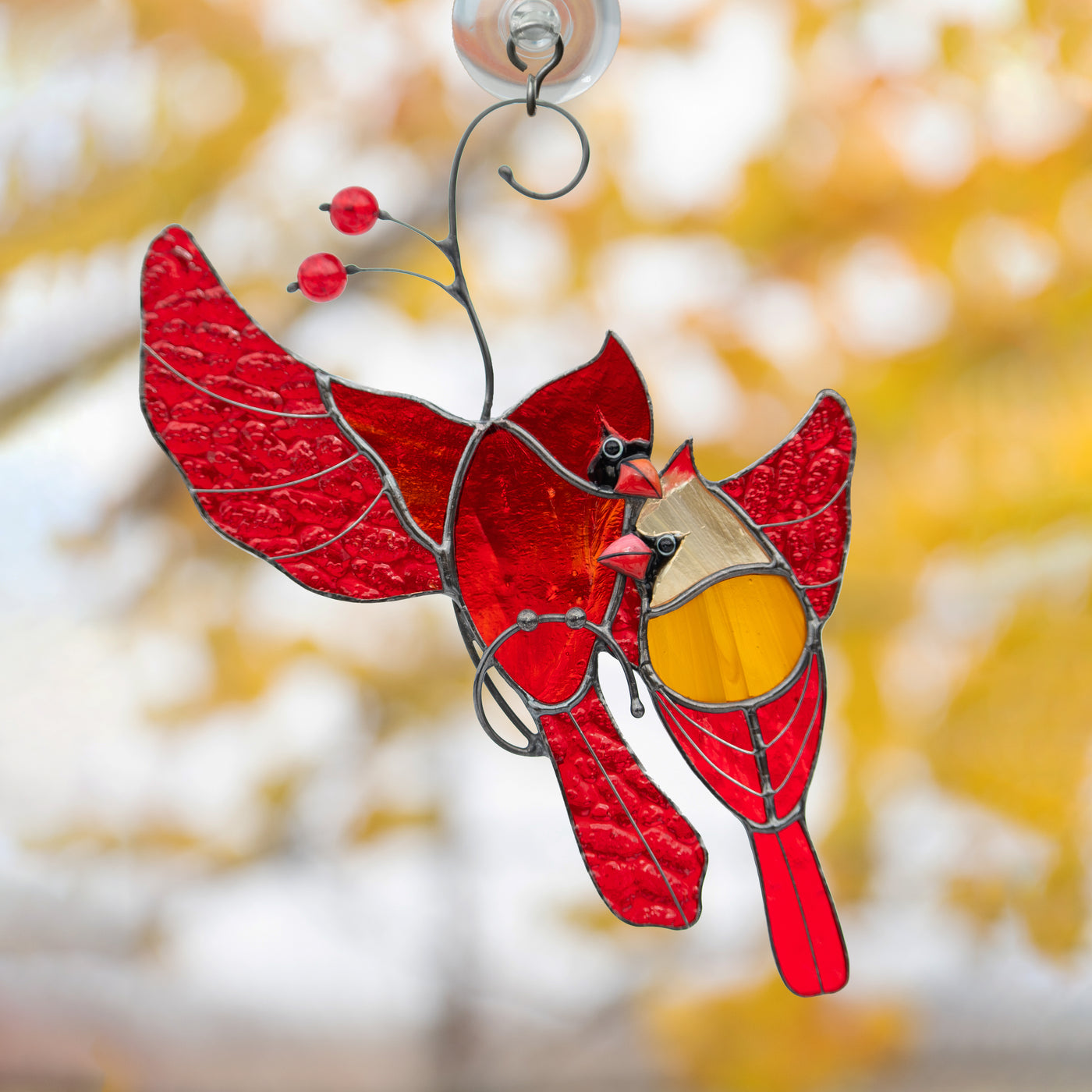 Huggins red winter birds window hanging of stained glass
