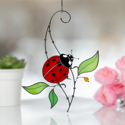 Stained glass ladybug suncatcher for kitchen window  