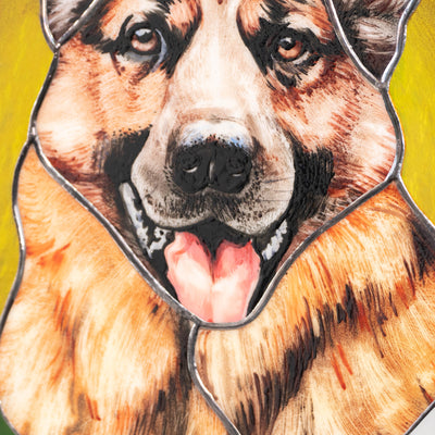 Zoomed stained glass hand-painted portrait of a dog 