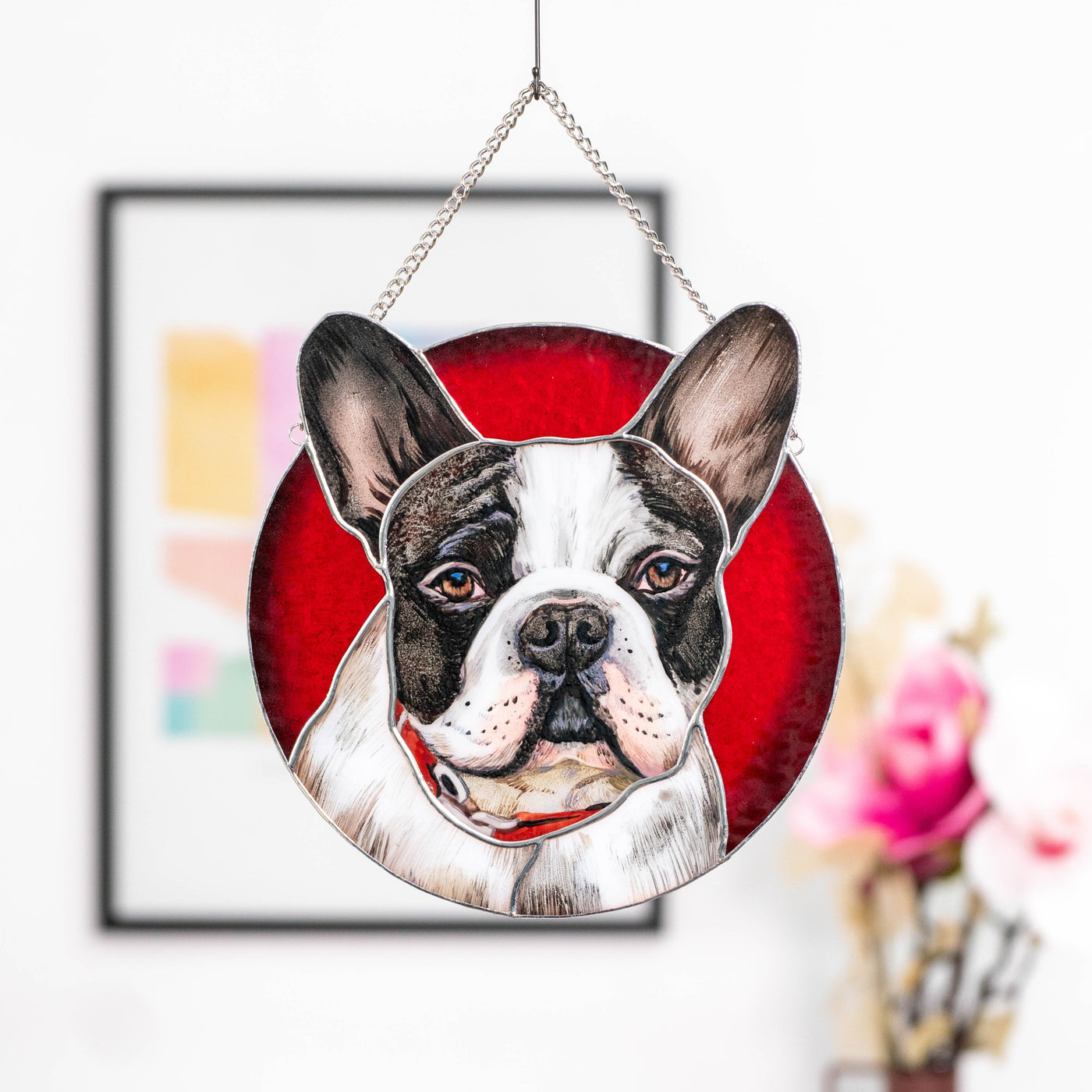 Stained glass hand-painted round dog portrait 