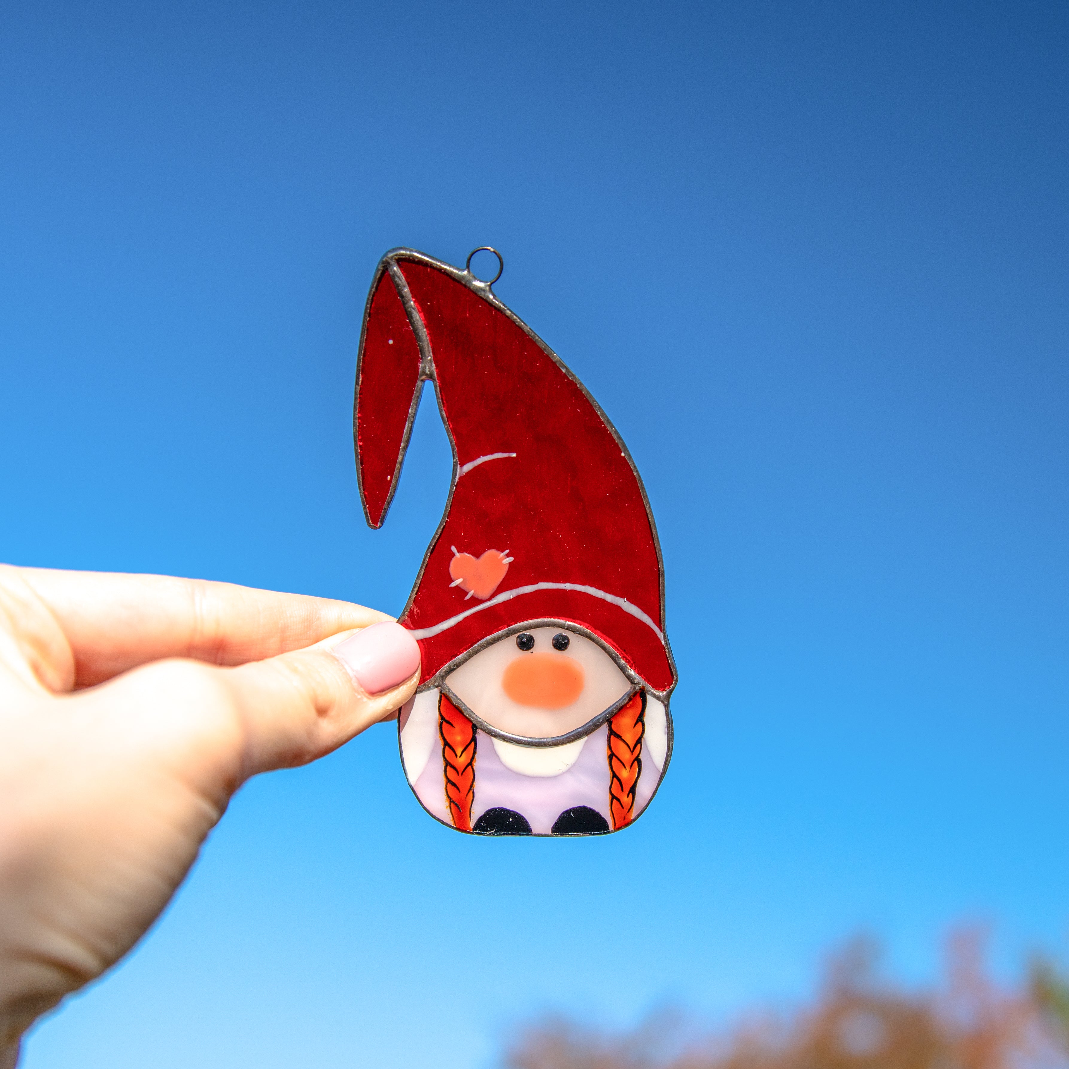 Cute stained glass gnome girl window hanging for home decor