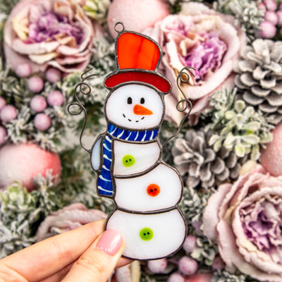 Stained glass snowman with the hat and scarf suncatcher for Christmas decor