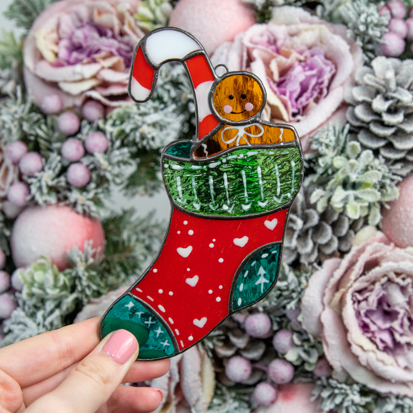 Stained glass stocking with candy cane and cookie suncatcher for Christmas
