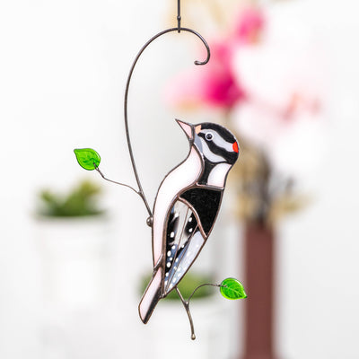 Stained glass downy woodpecker window hanging 
