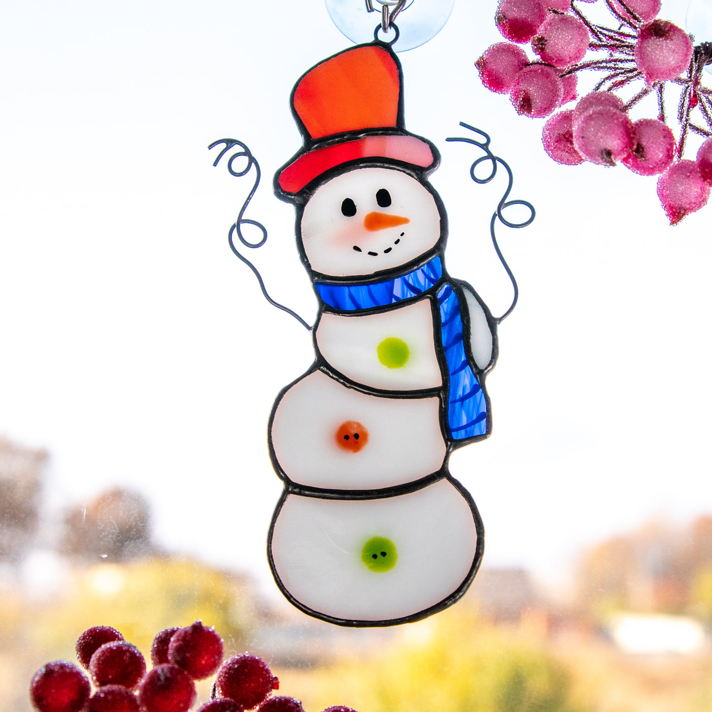 Snowman window hanging of stained glass for winter holidays decor